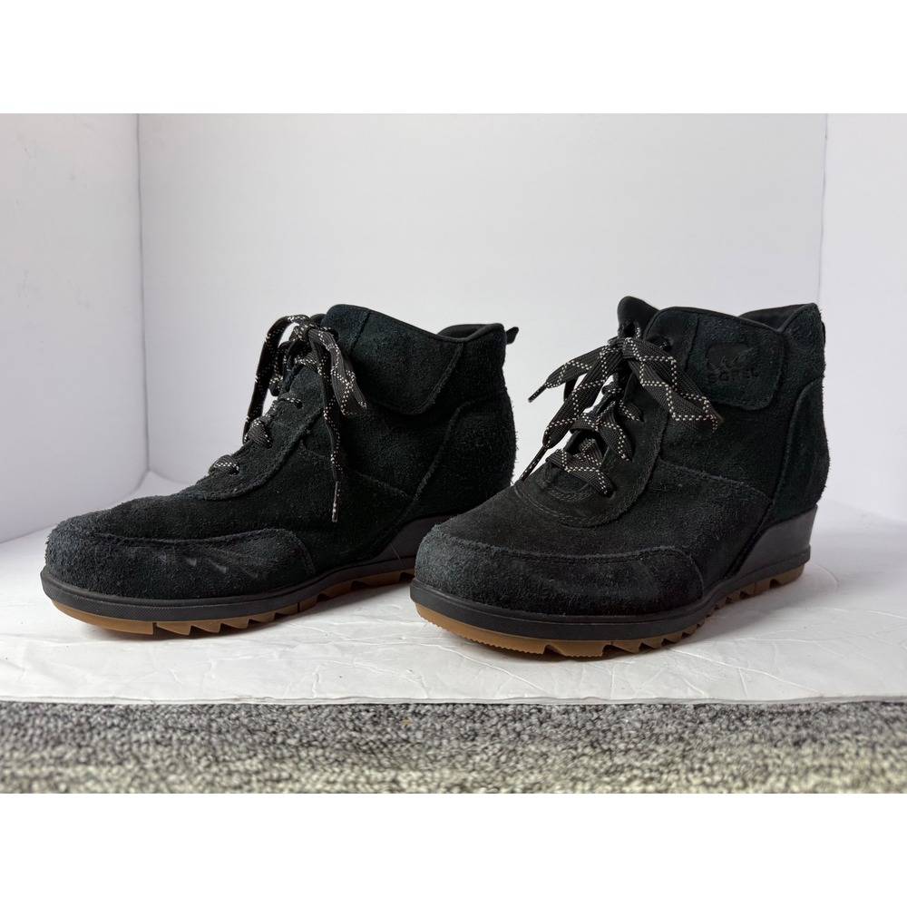 Sorel Evie Sport Lace Black Suede Waterproof Wedge Boots NL3817-011 Womens 8